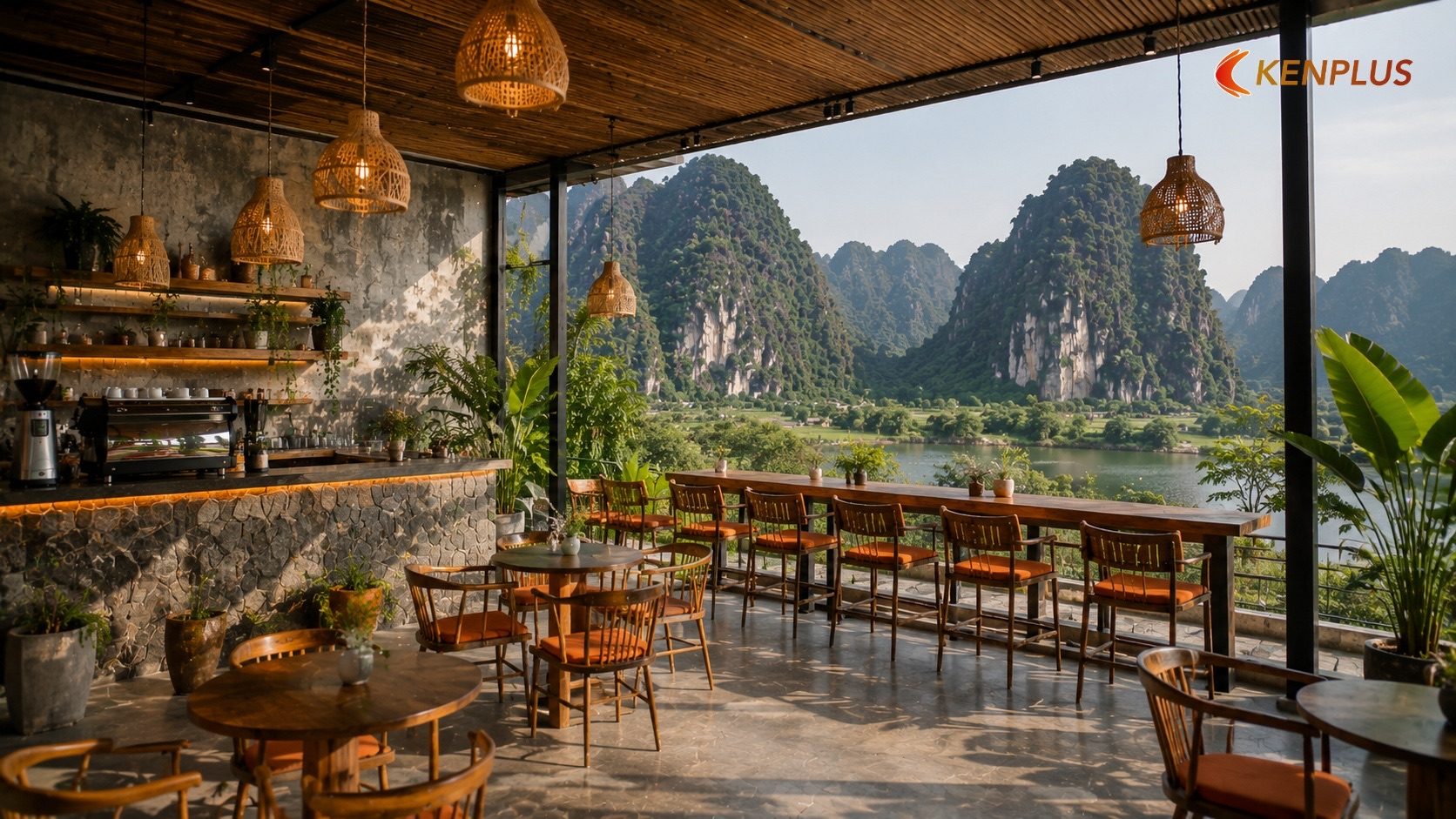Vật liệu hài hòa với thiên nhiên đá vôi và sông nước — Quán cà phê view núi đá vôi Ninh Bình: thiết kế sao để tận dụng…