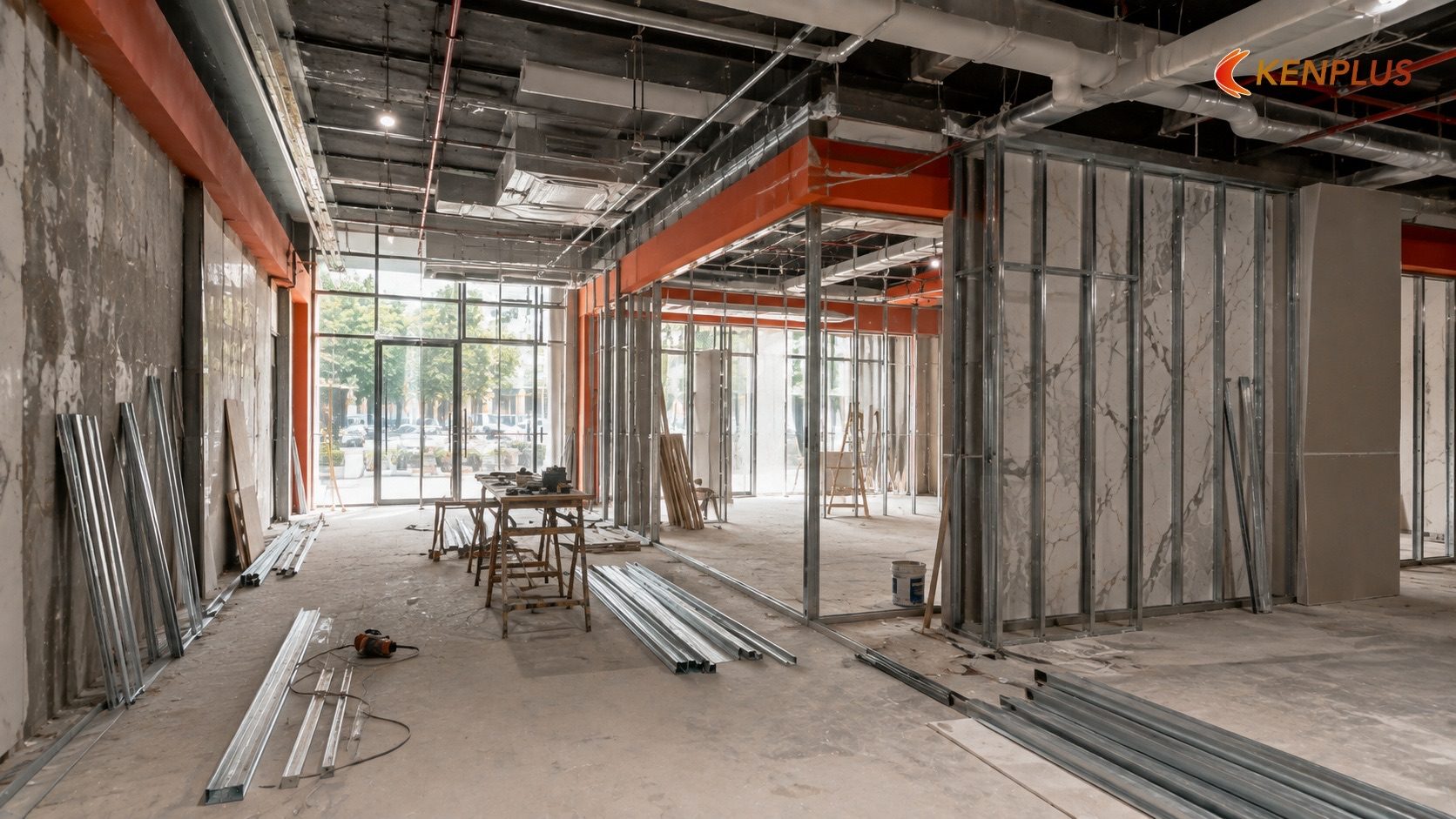 Bước 3: Thi công phần thô — phá dỡ, hệ khung, vách ngăn (10 – 15 ngày) — Quy trình thi công showroom tại Ninh Bình: từ…