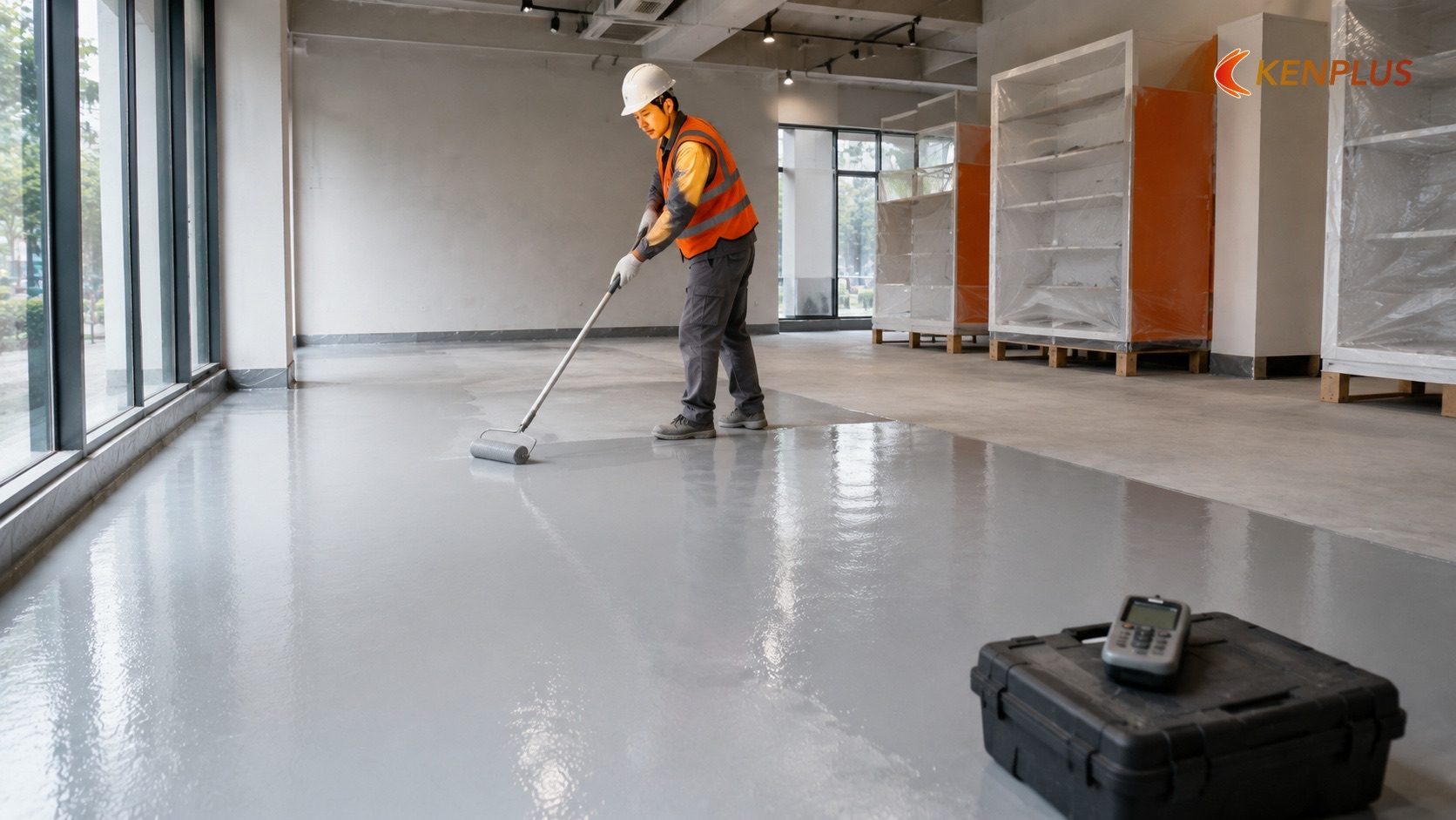 Bước 2: Xử lý nền và chống ẩm sàn trước khi thi công (2-4 ngày) — Quy trình thi công nhà sách tại Ninh Bình: kệ, ánh…