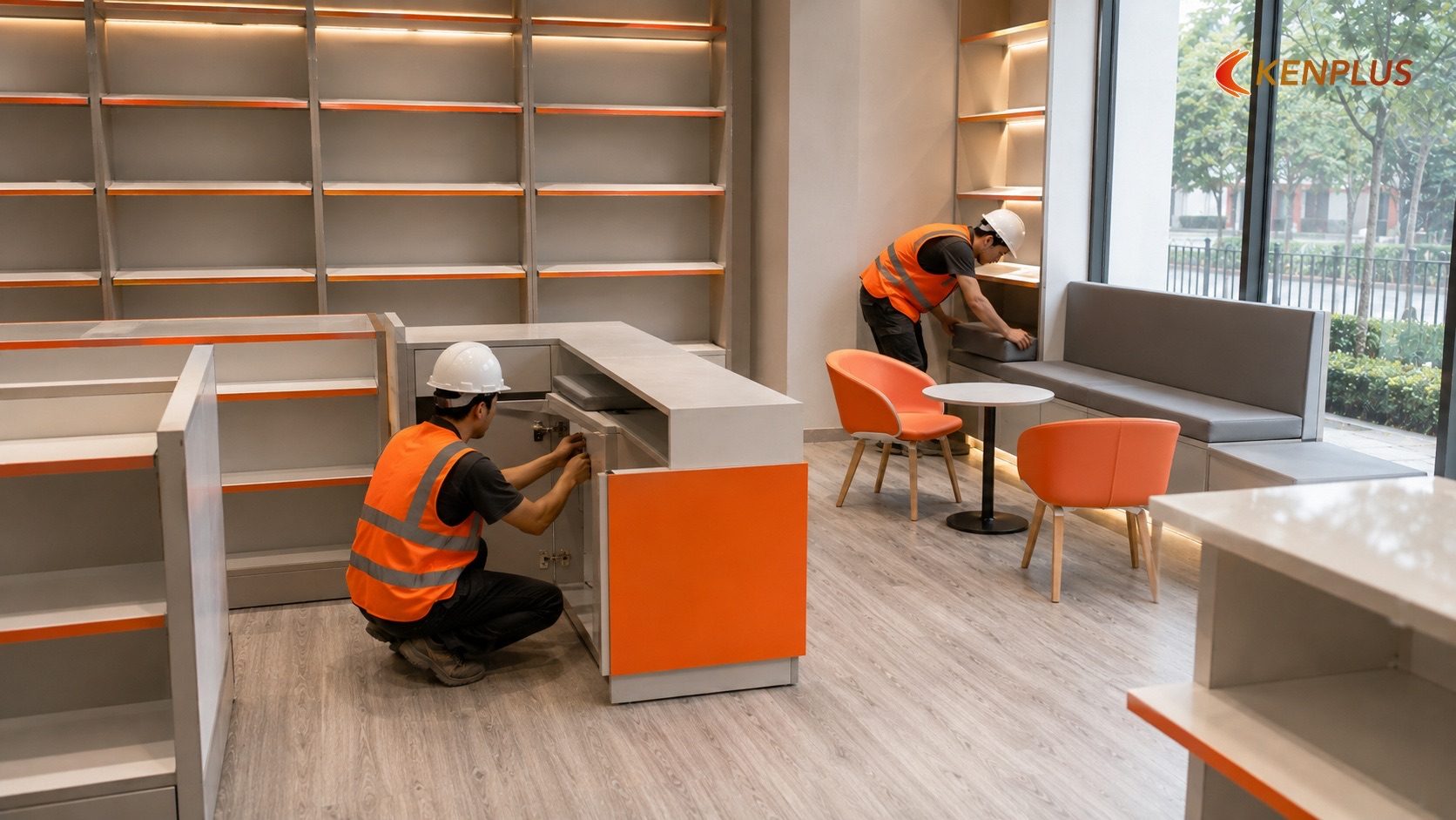 Bước 6: Lắp đặt nội thất phụ trợ và hoàn thiện chi tiết (2-3 ngày) — Quy trình thi công nhà sách tại Ninh Bình: kệ,…