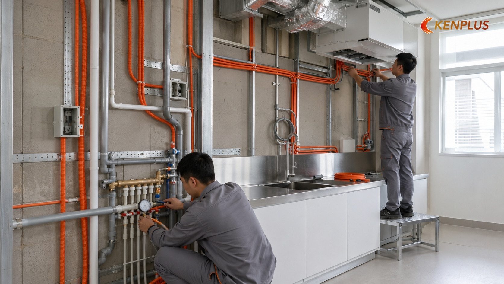 Bước 4 — Lắp đặt hệ thống điện nước và hệ thống khử khuẩn (7-12 ngày, đi âm tường song song phần thô) — Quy trình thi…