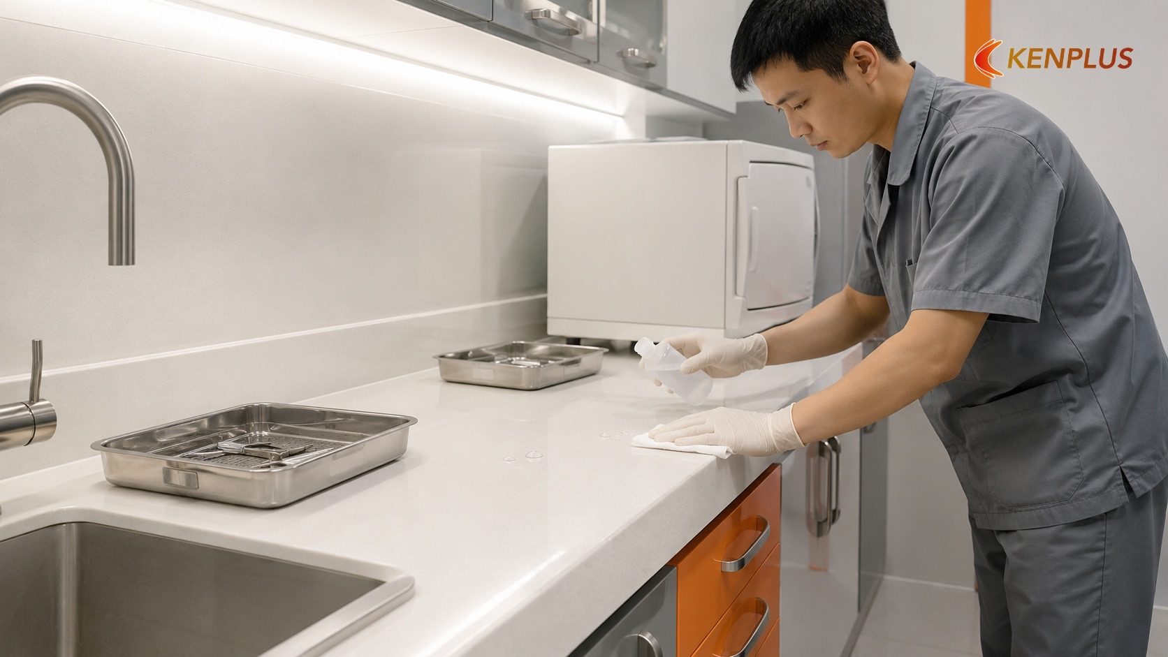 Mặt bàn và tủ chống hóa chất — chi tiết dễ bị bỏ qua — Vật liệu thi công phòng khám: dễ khử khuẩn, bền với hoá chất