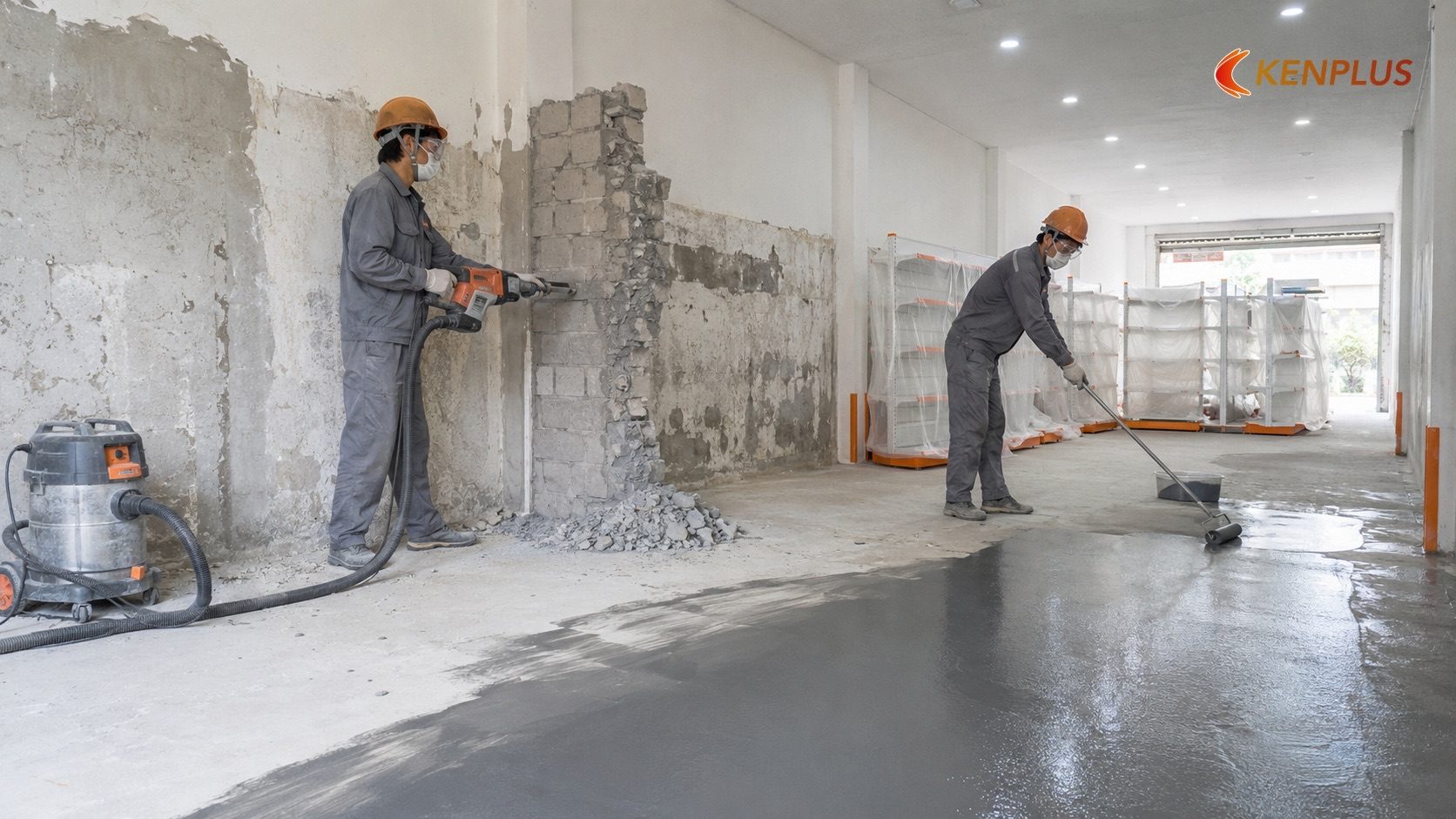Giai đoạn 2: Thi công phần thô - đục phá, xây dựng, chống thấm (5-8 ngày) — Quy trình thi công cửa hàng tổng hợp tại…