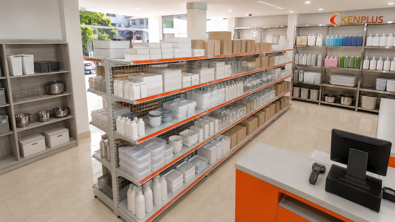 Hệ kệ chịu tải: so sánh kệ sắt sơn tĩnh điện, kệ inox và kệ gỗ công nghiệp — Vật liệu thi công cửa hàng tổng hợp: bền,…
