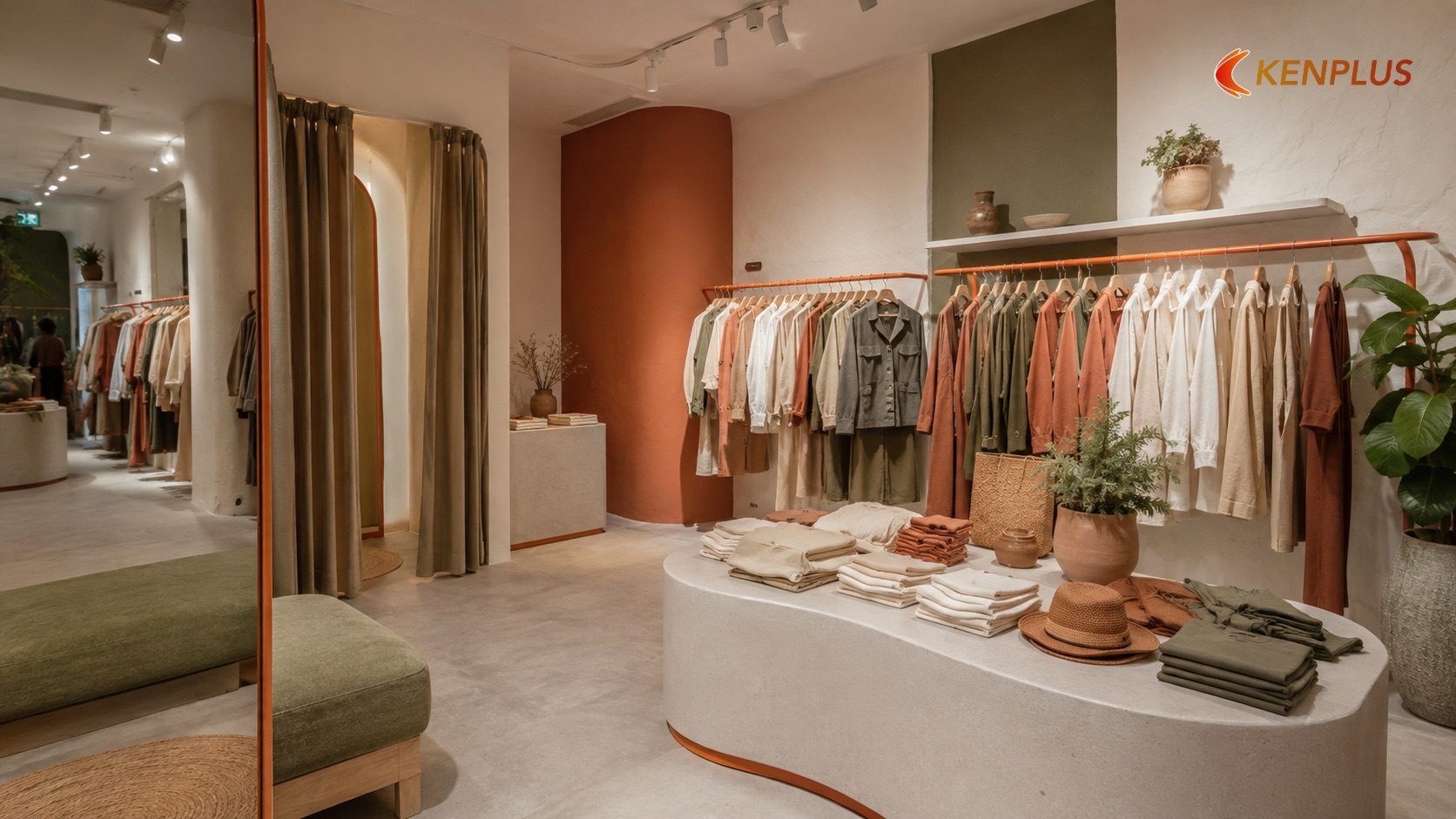 Xu hướng 5: Bảng màu đất nung, be và xanh rêu thay cho màu sắc rực rỡ — Xu hướng thiết kế shop thời trang 2026 áp dụng…