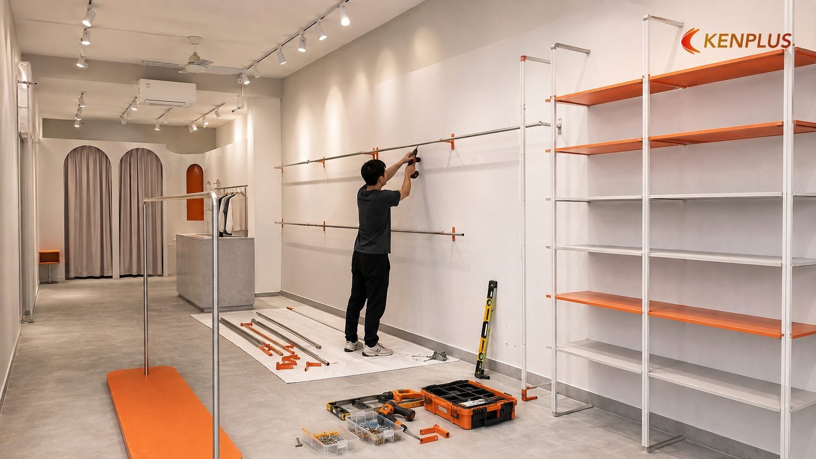 Lắp đặt hệ giá treo và kệ trưng bày — Quy trình thi công shop thời trang tại Ninh Bình