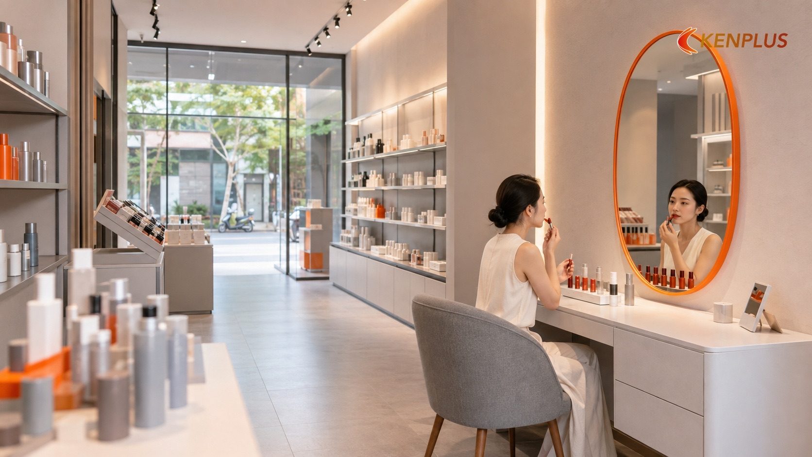 Vị trí đặt gương — chi tiết nhỏ nhưng ảnh hưởng lớn đến trải nghiệm Vị trí đặt gương — chi tiết nhỏ nhưng ảnh hưởng lớn đến trải nghiệm — Khu tư vấn và thử mỹ phẩm: thiết kế riêng tư…