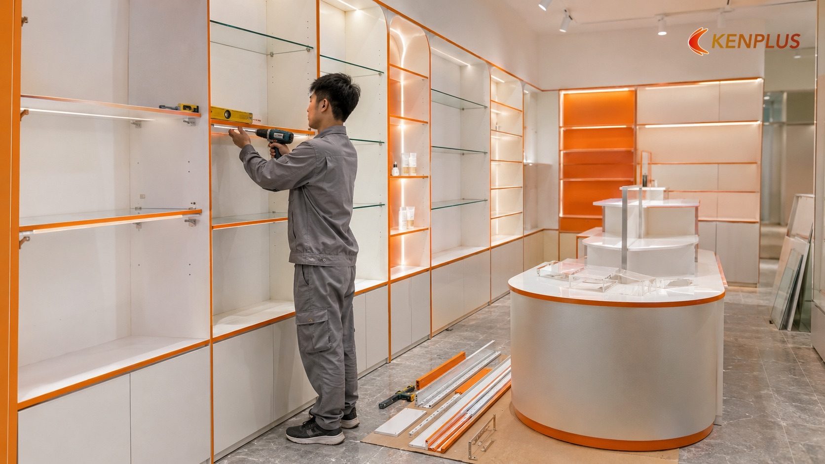 Giai đoạn 3: Lắp đặt hệ kệ trưng bày Giai đoạn 3: Lắp đặt hệ kệ trưng bày — Quy trình thi công shop mỹ phẩm tại Ninh Bình