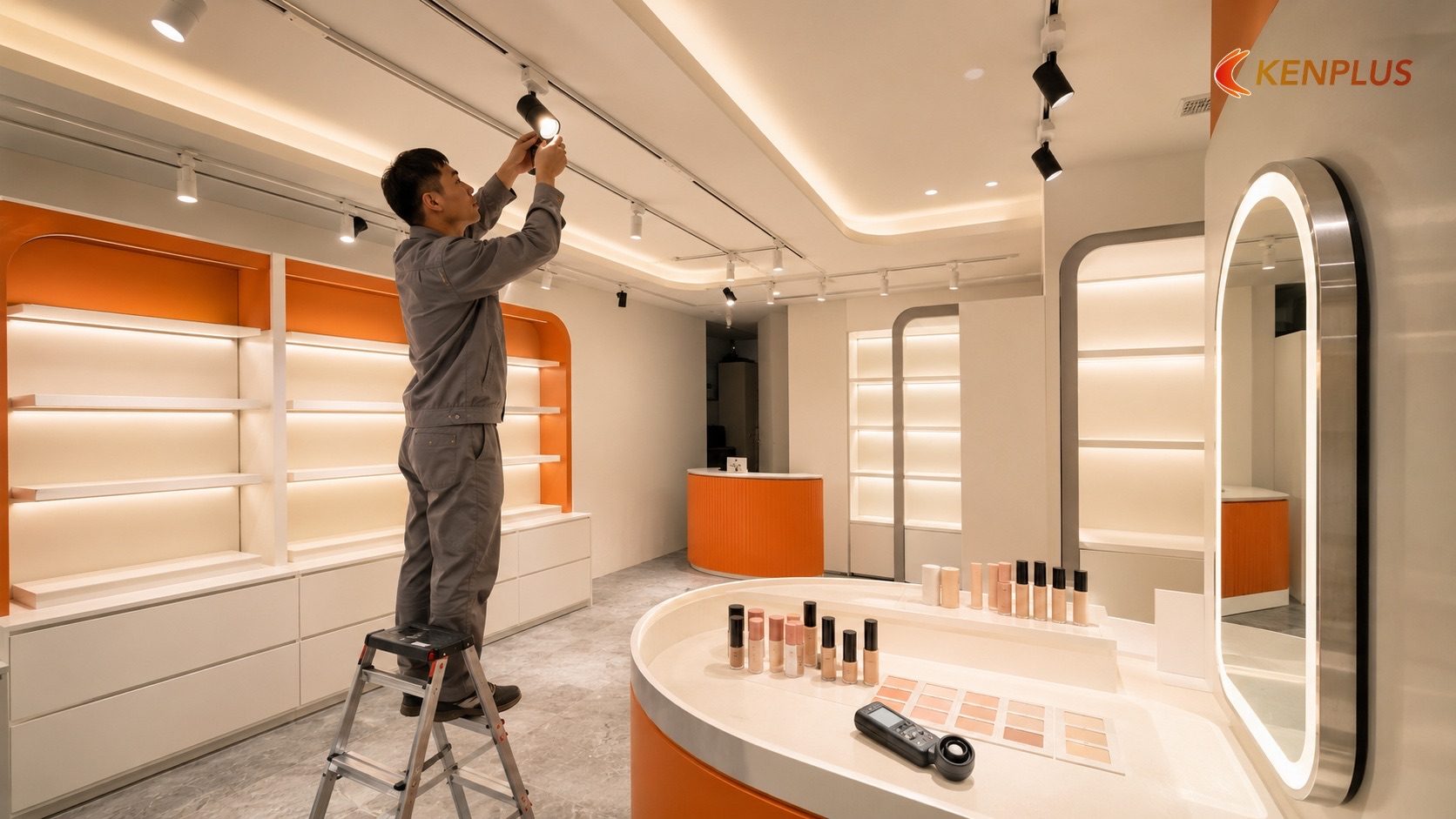Giai đoạn 4: Hệ thống điện chiếu sáng chuẩn tôn da Giai đoạn 4: Hệ thống điện chiếu sáng chuẩn tôn da — Quy trình thi công shop mỹ phẩm tại Ninh Bình