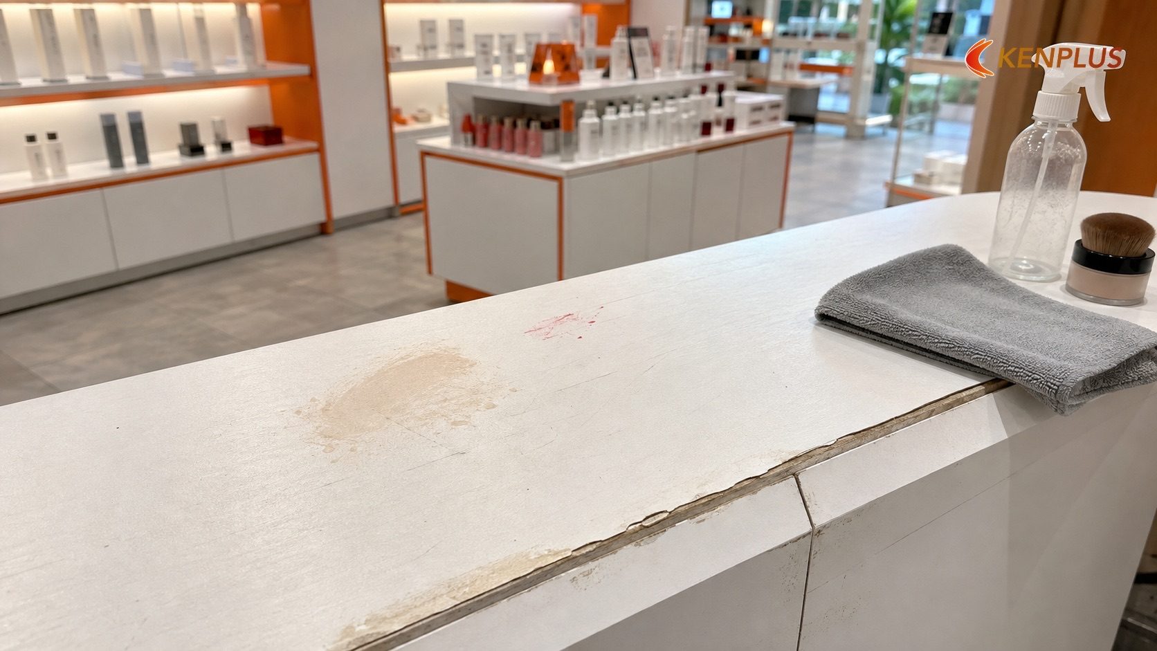 Vì sao chọn sai vật liệu mặt quầy gây thiệt hại lớn hơn chủ shop tưởng — Vật liệu thi công quầy mỹ phẩm: chống ố, dễ…