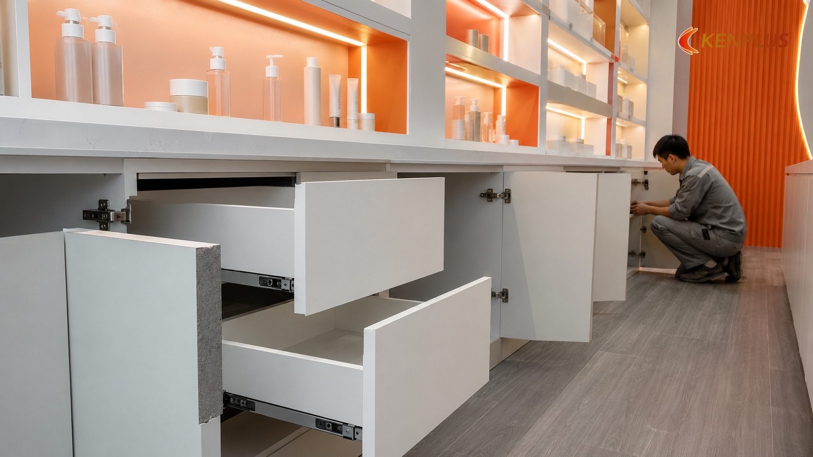 Nhóm vật liệu 2: Gỗ công nghiệp phủ Laminate chống thấm — Vật liệu thi công quầy mỹ phẩm: chống ố, dễ vệ sinh