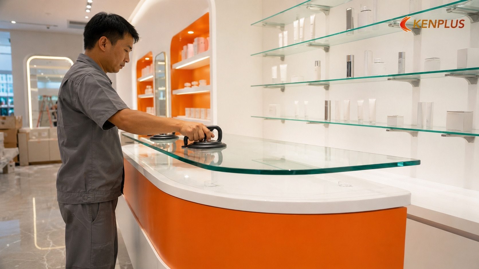 Nhóm vật liệu 3: Kính cường lực ốp mặt quầy và kệ trưng bày — Vật liệu thi công quầy mỹ phẩm: chống ố, dễ vệ sinh