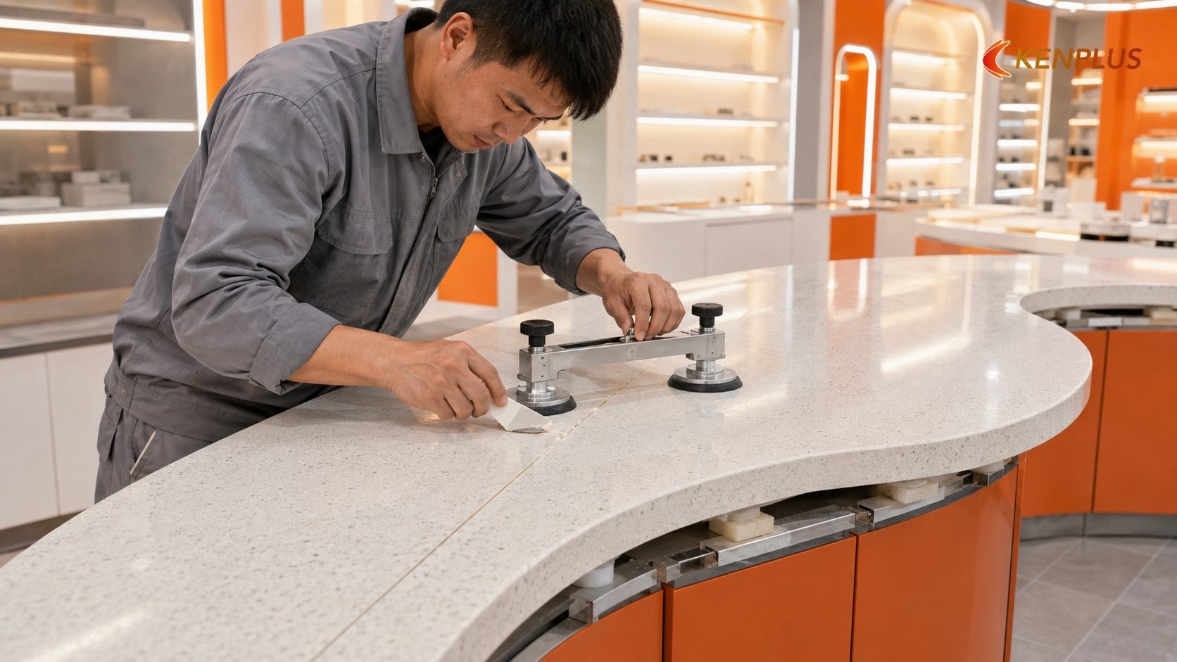 Quy trình thi công mặt quầy đá thạch anh nhân tạo đúng kỹ thuật — Vật liệu thi công quầy mỹ phẩm: chống ố, dễ vệ sinh