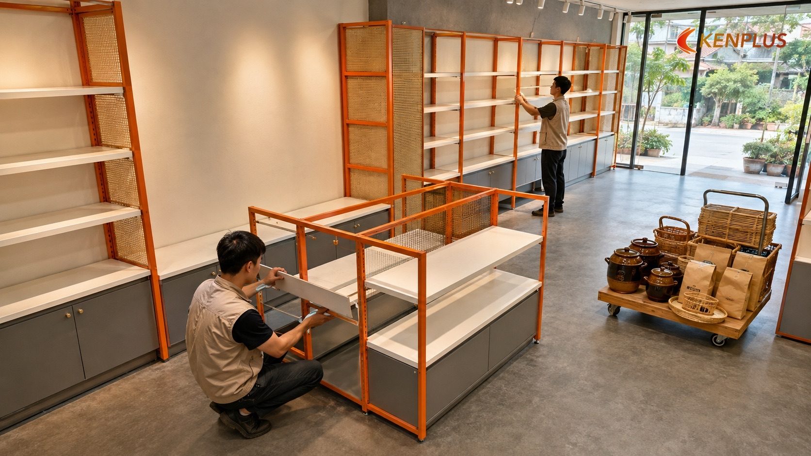 Bước 3: Lắp đặt hệ kệ trưng bày đặc sản — Quy trình thi công cửa hàng đặc sản tại Ninh Bình