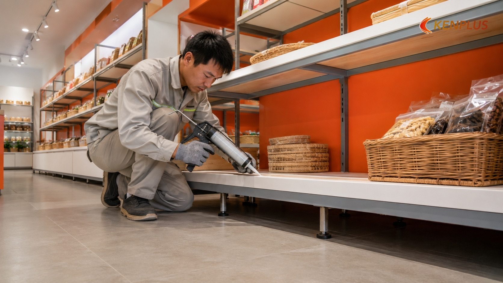 Quy trình thi công đảm bảo khả năng chống ẩm thực tế Quy trình thi công đảm bảo khả năng chống ẩm thực tế — Vật liệu thi công kệ trưng bày đặc sản: chịu ẩm, dễ vệ sinh
