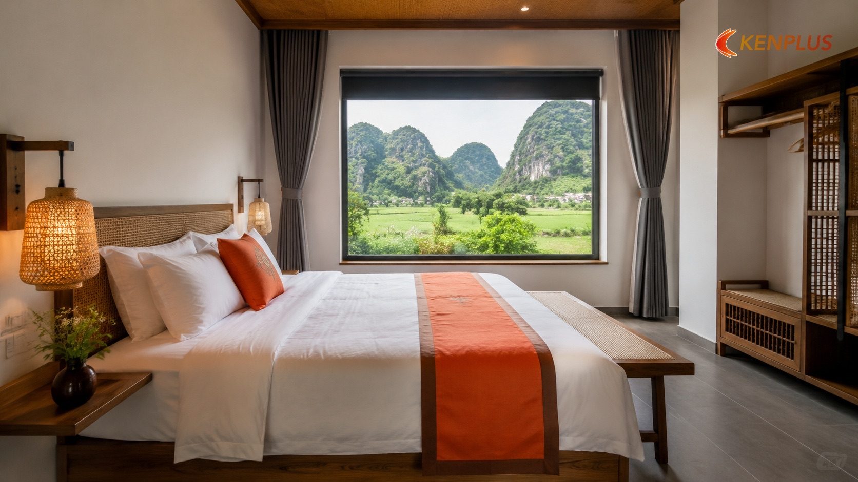 Nguyên tắc bố trí giường theo hướng view Nguyên tắc bố trí giường theo hướng view — Thiết kế phòng ngủ homestay Ninh Bình: tối ưu view và công năng