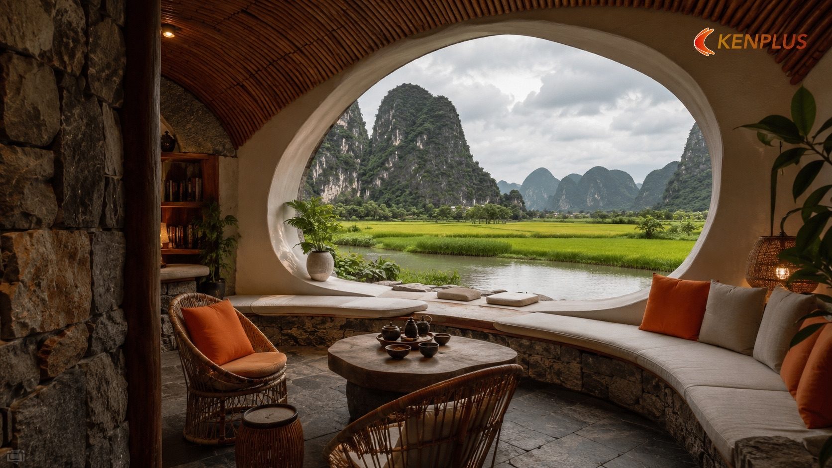 Thiết kế hài hòa với cảnh quan núi đá vôi và ruộng lúa Ninh Bình — Xu hướng thiết kế homestay 2026: vật liệu tự nhiên,…