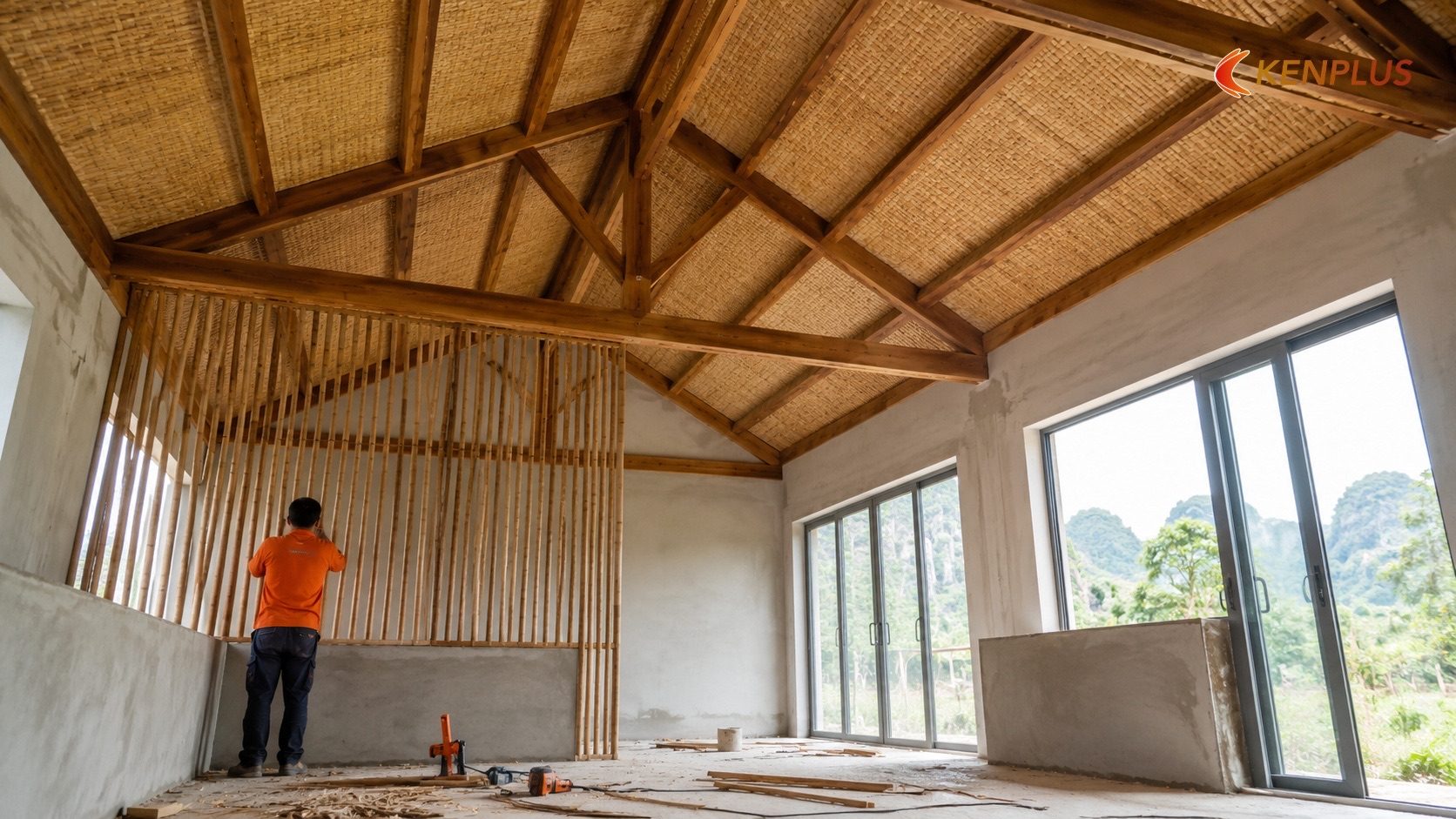 Giai đoạn 4: Thi công mái, vách tre gỗ và hoàn thiện kết cấu bao che Giai đoạn 4: Thi công mái, vách tre gỗ và hoàn thiện kết cấu bao che — Quy trình thi công homestay tại Ninh Bình: từ…
