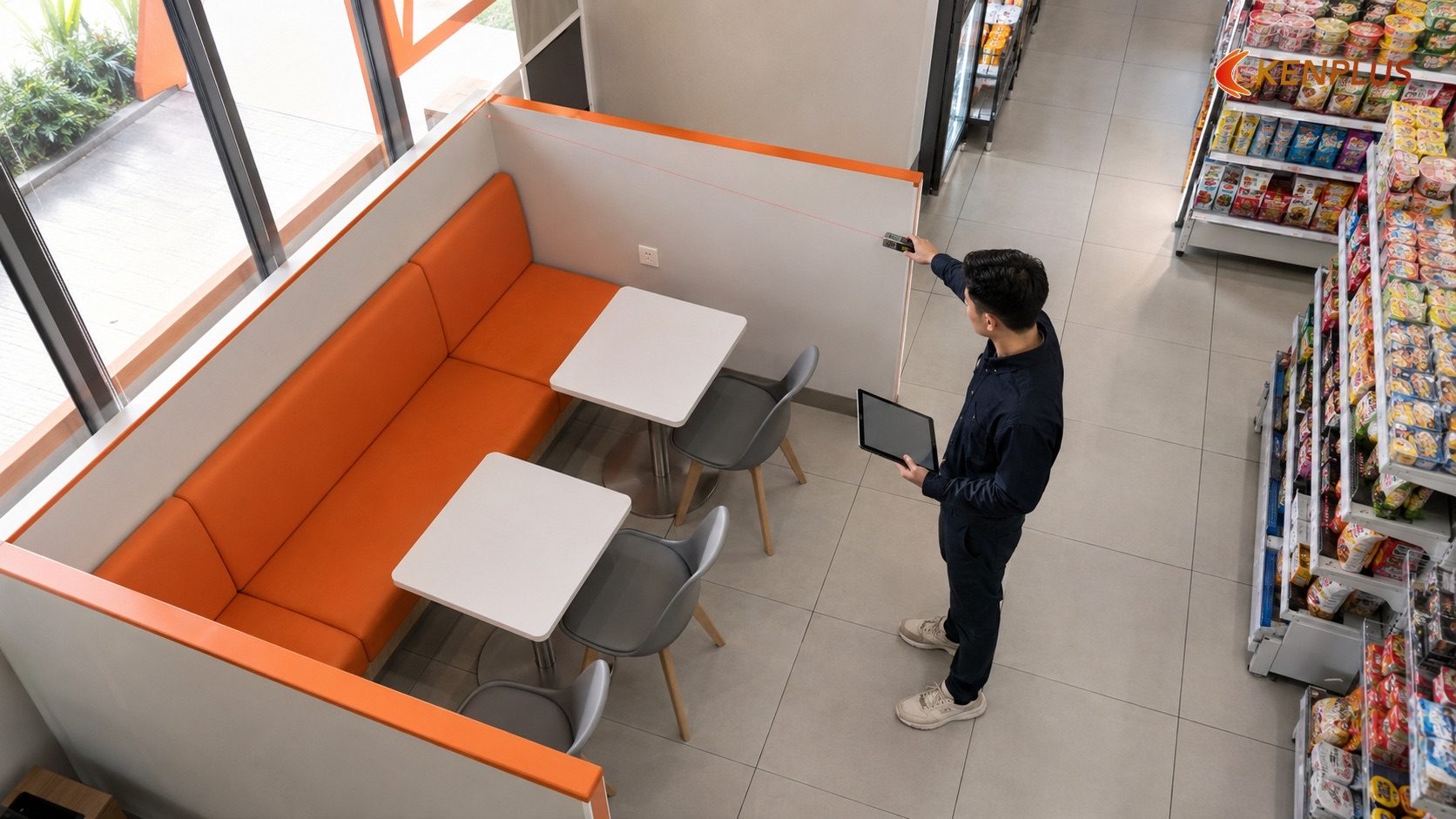Chi phí thiết kế góc nghỉ chân tính theo m² Chi phí thiết kế góc nghỉ chân tính theo m² — Xu hướng thiết kế cửa hàng tiện lợi 2026: thêm góc nghỉ chân