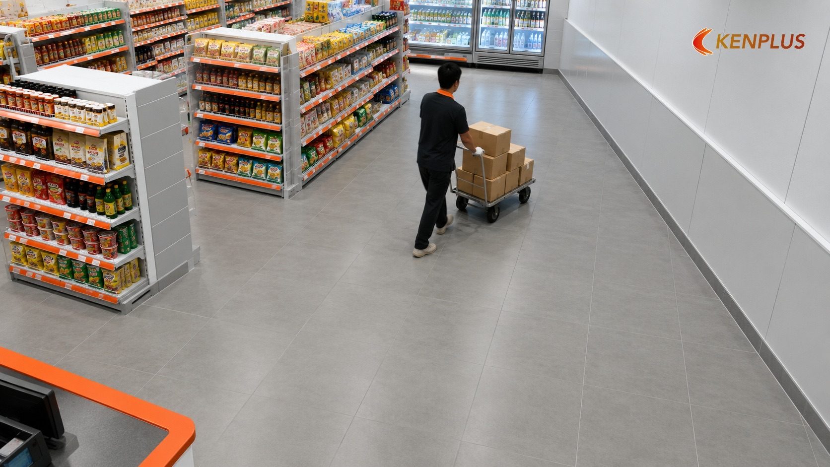 Vật liệu sàn và tường khu vực trưng bày Vật liệu sàn và tường khu vực trưng bày — Vật liệu thi công kệ hàng tiện lợi: chịu tải, dễ vệ sinh