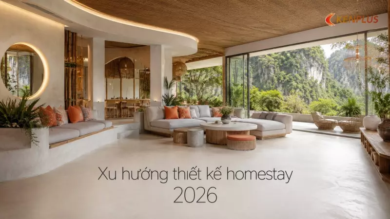 Xu hướng thiết kế homestay 2026: vật liệu tự nhiên, không gian mở