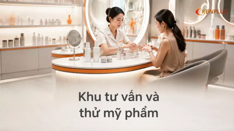 Khu tư vấn và thử mỹ phẩm: thiết kế riêng tư nhưng không bí bách