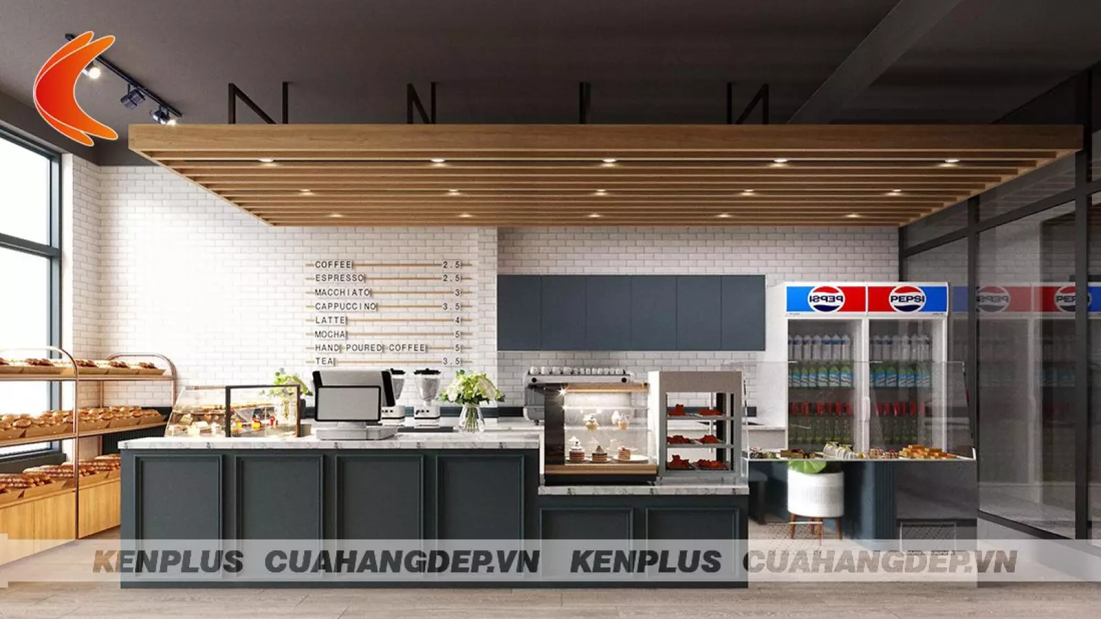 Mẫu thiết kế cửa hàng bánh kết hợp đồ ăn nhanh nhỏ đẹp