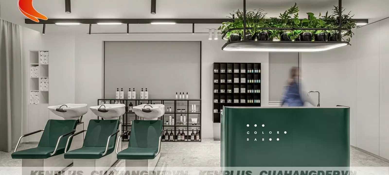 Mẫu thiết kế salon tóc nam nữ kết hợp nail phong cách tối giản