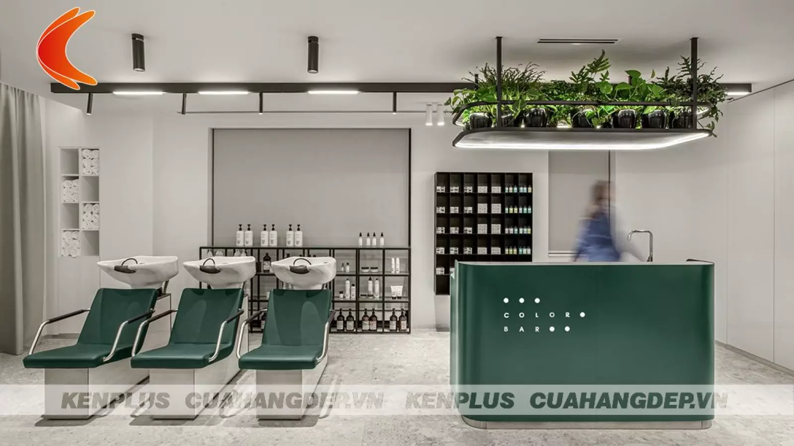 Mẫu thiết kế salon tóc nam nữ kết hợp nail phong cách tối giản