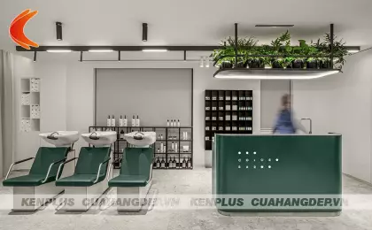 Mẫu thiết kế salon tóc nam nữ kết hợp nail phong cách tối giản