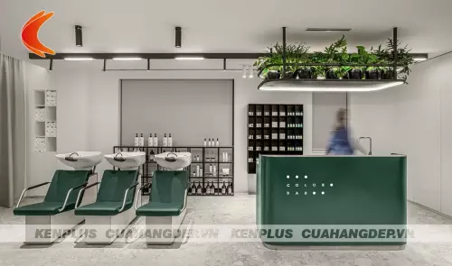 Mẫu thiết kế salon tóc nam nữ kết hợp nail phong cách tối giản