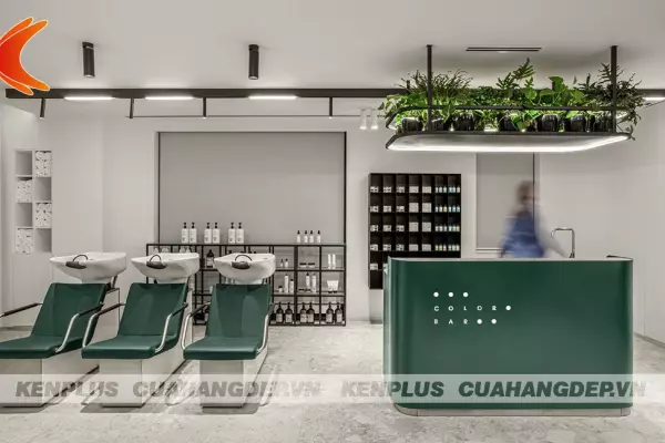 Mẫu thiết kế salon tóc nam nữ kết hợp nail phong cách tối giản